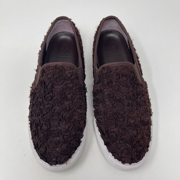 Tory Burch Rosette Slip On Trainers leather boho textile flowers brown size 7.5 - Picture 3 of 11